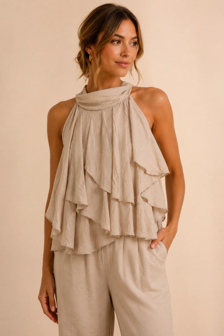 Elena Solano Women Old Money Nude Linen Front Tie Formal Dressy Ruffle S Blouse